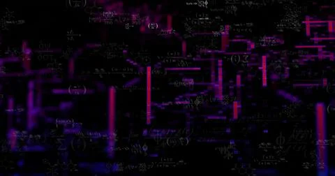 Displaying centered holographic data panel in dark digital field, showing equ Stock Illustration