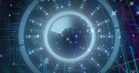 Displaying centered HUD circle pulsing in virtual interface, showing concentric Stock Photos
