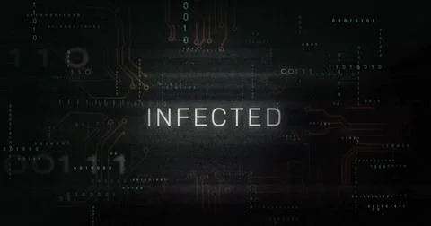 Displaying centered INFECTED text pulsing on screen, with binary digits, circuit Illustrazione stock
