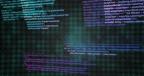 Displaying centered JS code block with concentric ring pattern, glowing and Foto stock