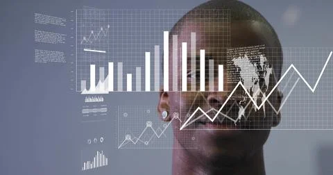 Displaying centered man with earring appearing in studio, with data graphics Stock Photos