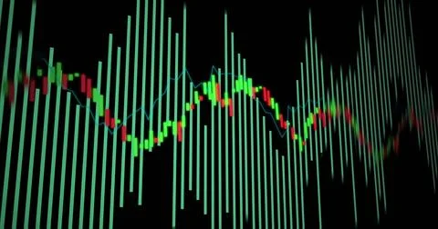 Displaying centered market chart on screen, showing teal bars, green or red c Stock Illustration