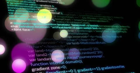 Displaying centered monitor showing JavaScript code on dim workspace, with Stock Illustration