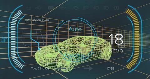 Displaying centered neon green wireframe car model in virtual cockpit HUD, with Stock-Illustration