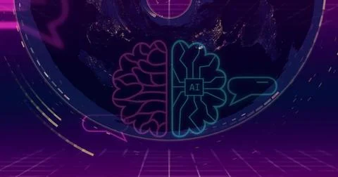 Displaying centered neon split-brain icon in virtual control space, featuring Illustrazione stock