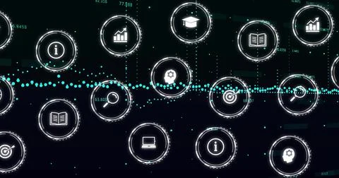 Displaying centered network of glowing circular data nodes on virtual dashboard, Stock Illustration