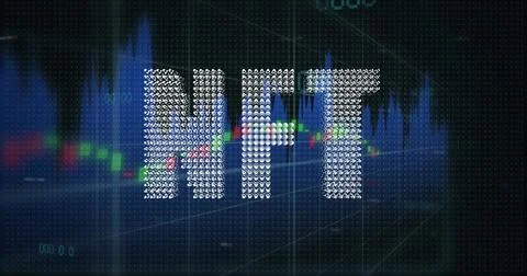 Displaying centered NFT lettering glowing on digital dashboard, showing candles Stock Illustration