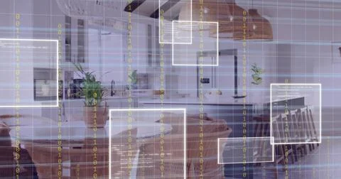 Displaying centered open kitchen dining area at home, showing round wooden table Foto stock