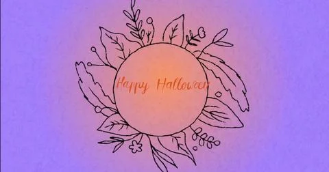 Displaying centered orange emblem reading Happy Halloween on lavender gradient, Stock Illustration
