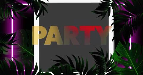 Displaying centered PARTY text on dark gray panel with white frame, tropical Stock Illustration