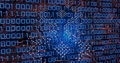 Displaying centered PCB in macro view showing binary overlay with microchip and Stock Illustration