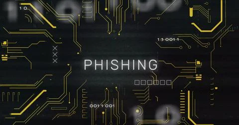 Displaying centered PHISHING text on dark schematic, showing gold traces, Illustrazione stock