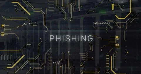 Displaying centered PHISHING text hovering over data center racks, with golden Stock Photos