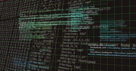 Displaying centered programming and network interface code block on screen, with Foto stock
