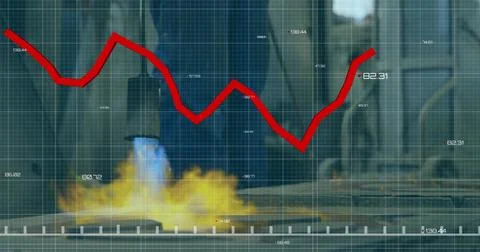 Displaying centered red jagged line graph over test plant, showing small open Stock Photos
