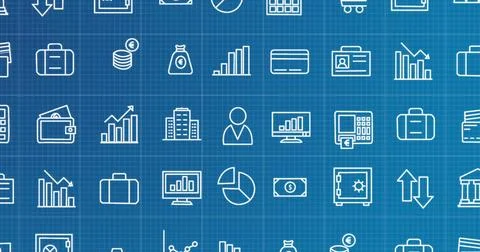 Displaying centered repeating white business icons on blue grid, showing char Stock Illustration