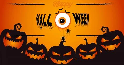 Displaying centered row of carved pumpkins glowing across lower frame, with Stock Photos