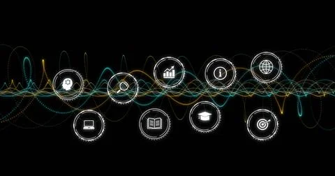 Displaying centered row of icon badges linking teal white waveform lines against Stock Illustration