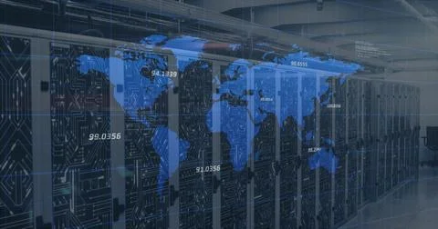 Displaying centered server racks in data center projecting blue world map, 스톡 사진