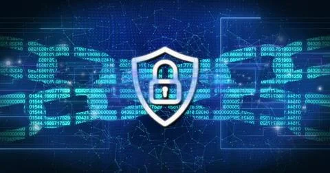 Displaying centered shield emblem glowing in digital cyberspace, with padlock 库存插图