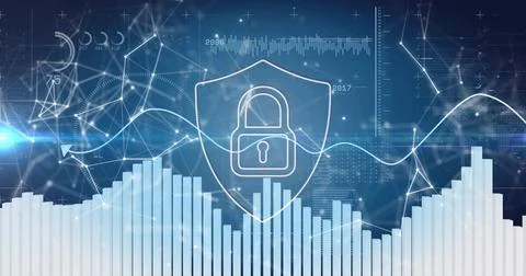 Displaying centered shield with padlock floating above bar chart on HUD, showing Stock Photos