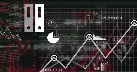 Displaying centered skull crossbones on dark dashboard grid showing upward Stock Illustration