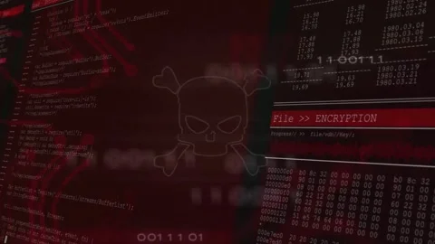 Displaying centered skull overlay on console with left scrolling code, right Stock Footage 332469180