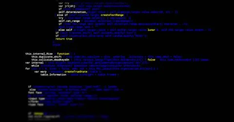 Displaying centered source code block on developer monitor, showing blurred Stock Photos