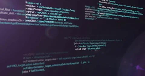 Displaying centered source code block running across screen in dark workspace, Stock-Fotos