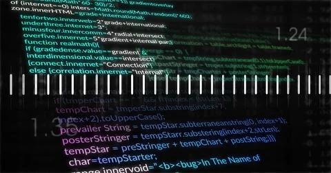 Displaying centered source code with equalizer bars on dark digital display, Stock Illustration