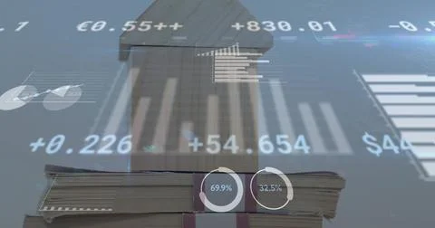Displaying centered stacked banknote bundles rising in studio composite, with Stock Photos