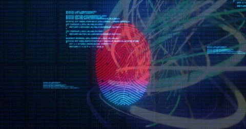 Displaying centered stylized fingerprint with red blue gradient on navy screen, 스톡 일러스트