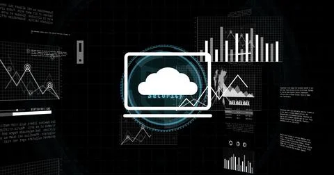 Displaying centered stylized laptop cloud icon routing data on dark grid Stockillustratie