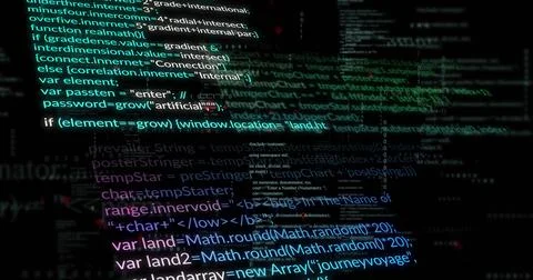 Displaying centered syntax-highlighted code block glowing on dark screen, with Stock Illustration