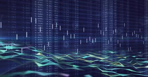 Displaying centered teal lime 3D mesh moving on deep navy dashboard, with Stock Illustration