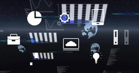Displaying centered tech icon cluster in space backdrop showing pie-chart Fotos de archivo
