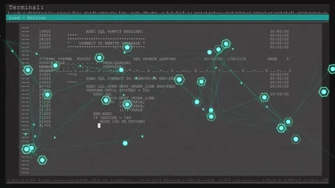 Displaying centered terminal scrolling SQL text on black field, with teal Stock Footage 331820836