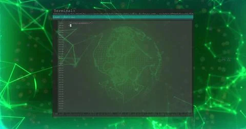 Displaying centered terminal window hovering over neon grid, with teal header, Stock Illustration