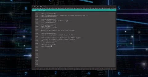 Displaying centered terminal window showing monospaced code with Terminal: title Stock Photos
