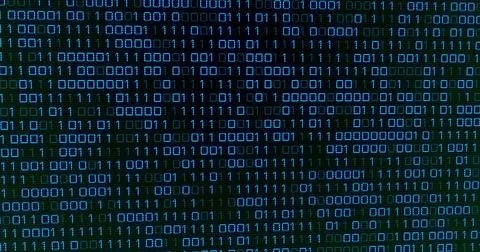 Displaying centered tiled zeros and ones grid on digital monitor, showing cyan Stock Photos