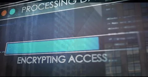 Displaying centered translucent UI on glass showing ENCRYPTING ACCESS bar wit Ilustración de archivo