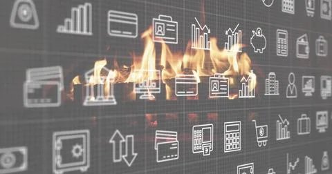 Displaying centered transparent grid of business icons in studio over burning Ilustração Stock