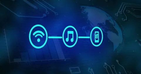 Displaying centered trio of connected icons Wi-Fi, music note, smartphone in Stockillustratie