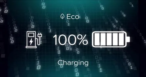 Displaying centered UI cluster showing 100% battery with charging station and Ilustración de archivo