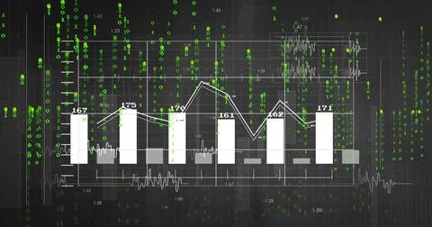Displaying centered white bar-and-line chart with numeric labels and cascading Stock Photos