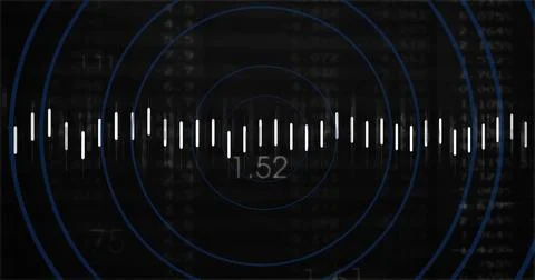 Displaying centered white bars waveform crossing blue rings on dark monitor, Stock Photos