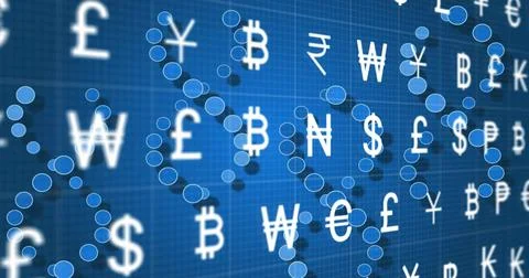 Displaying centered white currency and crypto symbols on blue grid, overlaying Stock Illustration