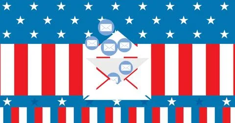 Displaying centered white envelope sending blue mail icons over flag banner, Stockillustratie