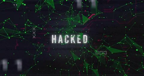 Displaying centered white HACKED text on dark display, showing neon nodes, green Stock Illustration