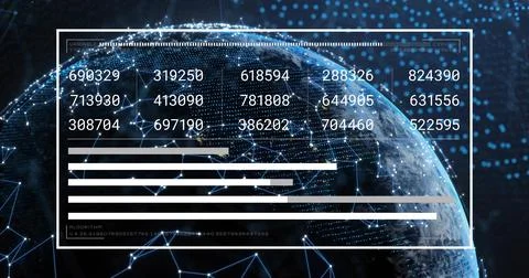 Displaying centered white HUD showing six-digit grid and bars over Earth, nodes Stock Illustration